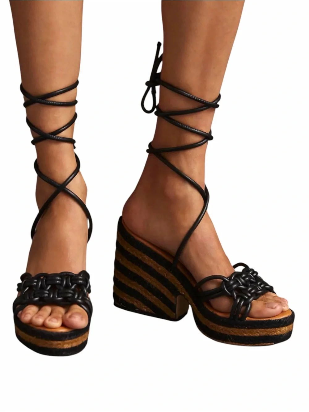 Anthropologie Rafia Platform Black & Tan Sandals - Size 8-8.5 / 39